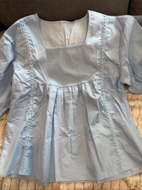 🩵 Light Blue Women's Peasant Blouse - Soft Square Neck Top